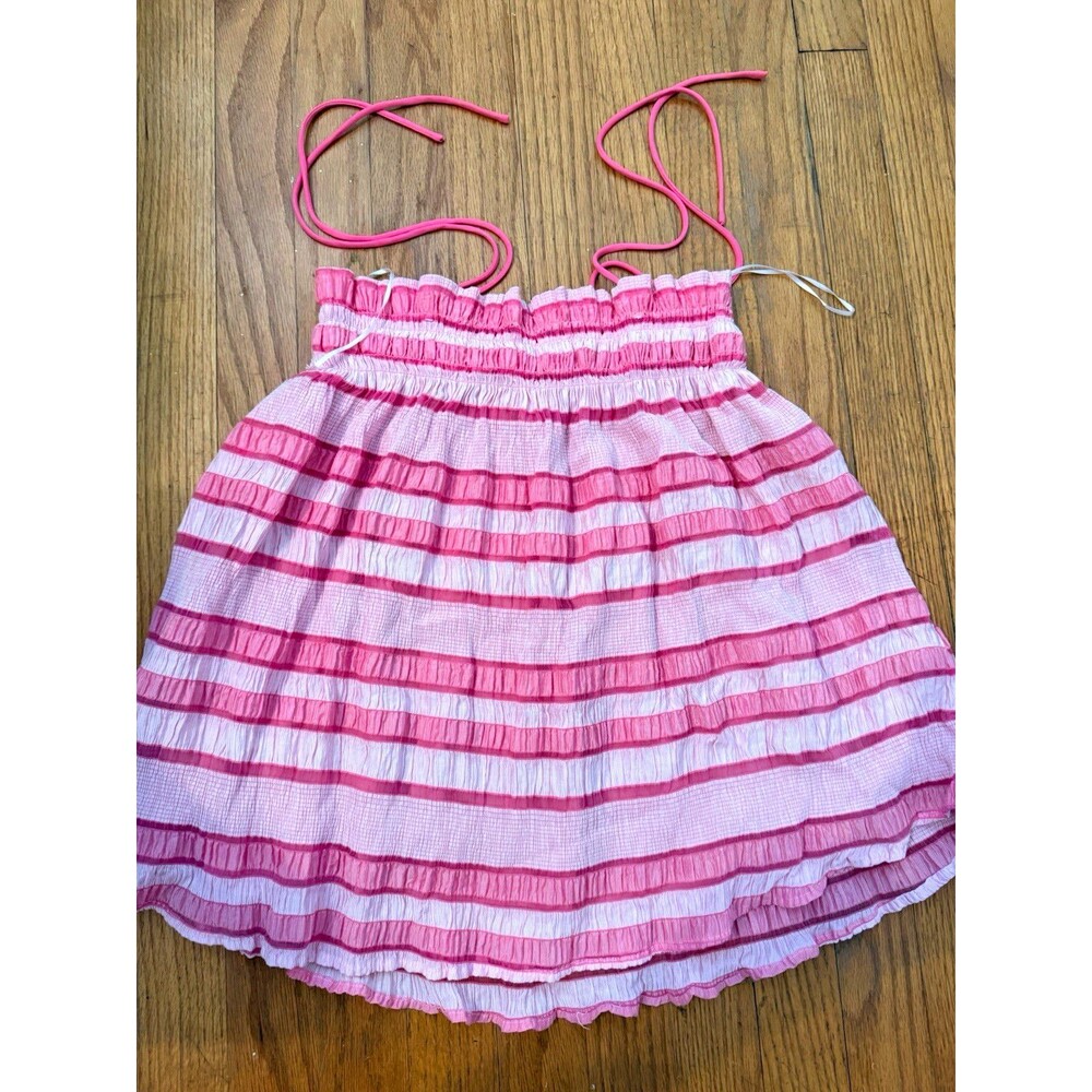 Glam Pink White Striped Square Neck Smocked Strappy Mini Sundress Size L